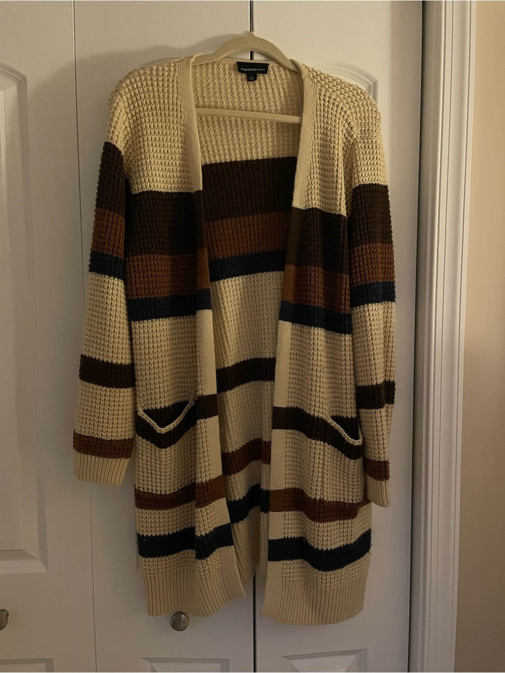 Fortune + Ivy - Cream, Brown & Navy Striped Open Cardigan